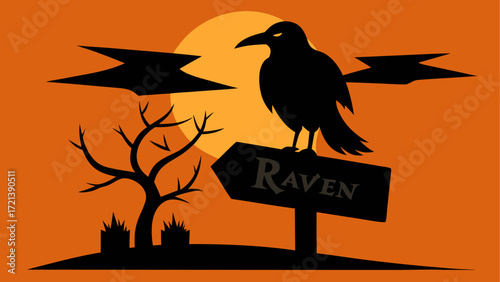Silhouette of a raven perched on a raven sign with a tree and moon against an orange backdrop