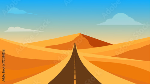 A desert landscape with a road leading to a distant peak under a blue sky with scattered clouds