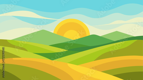 Scenic landscape with rolling green hills and a bright sun rising over the horizon in a serene setting