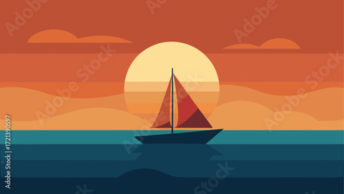 A sailboat silhouetted against a sunset with a large sun and orange and blue sky and water view scene
