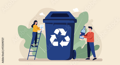 Blue Recycling Bin with People Sorting Waste and Green Foliage Background.