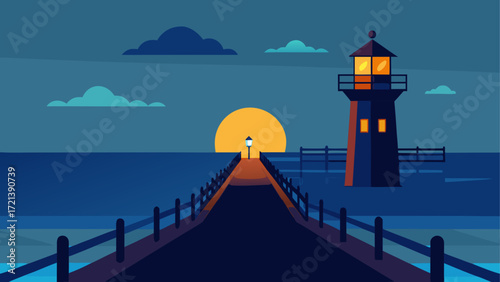 A scenic view of a lighthouse with a pier extending into the water at sunset and some clouds above