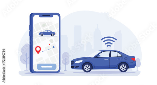 Blue Sedan Car Connected to Smartphone Navigation App.