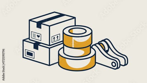 Illustration of stacked boxes, cylindrical objects and a metal part on a neutral background