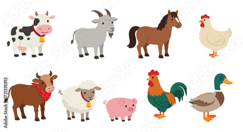 Collection of Diverse Farm Animals in a Stylized Cartoon Illustration.