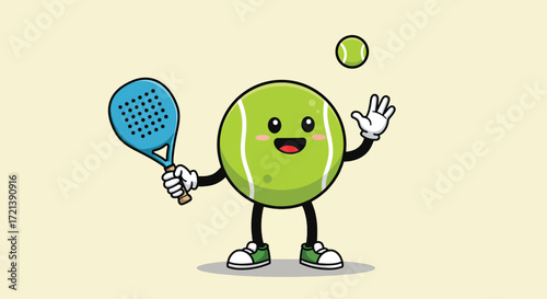 Cartoon Tennis Ball Character Juggling with Paddle and Ball.