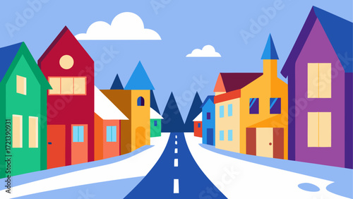 Illustration of a colorful town street with snow and buildings in a flat design style art 100