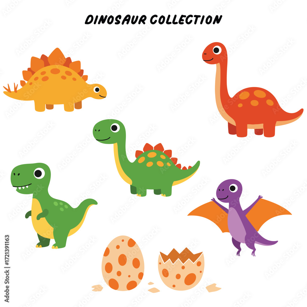 Obraz premium Collection of Five Adorable Cartoon Dinosaurs and Hatching Eggs.