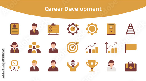 Flat 2026 career development icon set with resumes, growth charts, and professional symbols