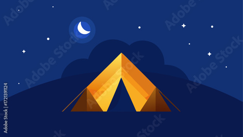 Illustration of a tent under a night sky with a crescent moon and scattered stars in the dark background