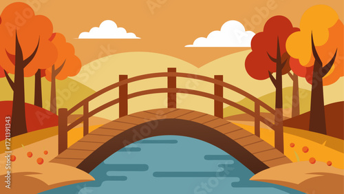 A wooden bridge over a river surrounded by trees in autumn with clouds in the background landscape view