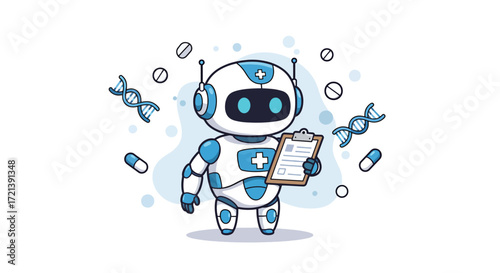 Cute robot doctor holding medical chart surrounded by DNA and pills.