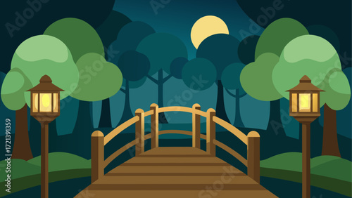 Illustration of a wooden bridge in a forest at night with a full moon and two lit lanterns nearby