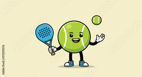 Cute Padel Ball Character Playing Tennis with Racket and Ball.
