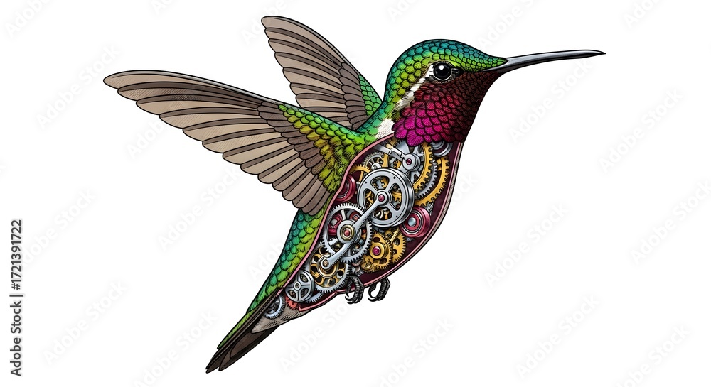 Obraz premium A vibrant hummingbird in flight, showcasing intricate patterns and colors, captured from a side view against a plain background.