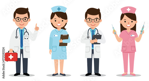 Diverse Medical Professionals in Uniforms Holding Tools.