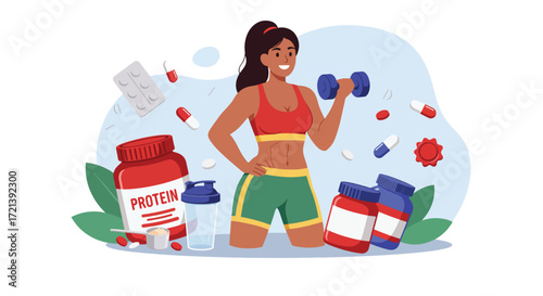 Fit woman lifting dumbbell surrounded by protein supplements and pills.