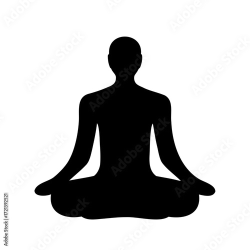 Silhouette of a person meditating in lotus position over white background