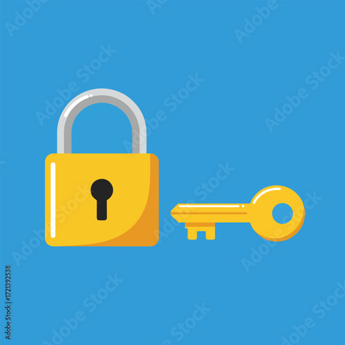 Golden Padlock and Key Security Icon.