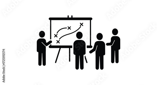 Team members collaborating around a strategy board with diagrams and planning