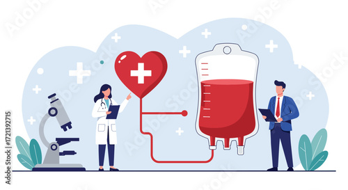 Medical professionals and blood donation equipment symbolizing healthcare and lifesaving.