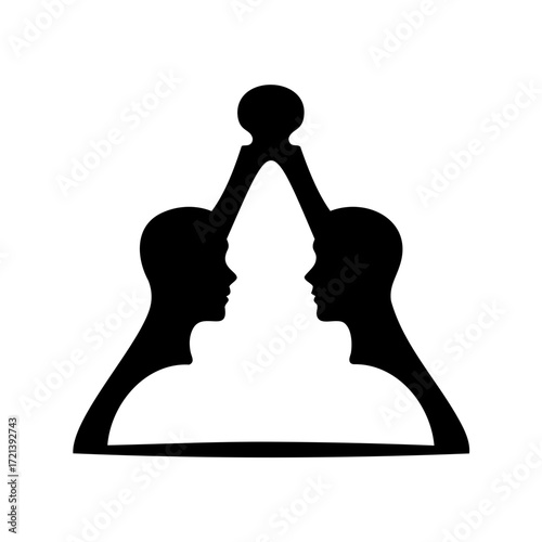 Symmetrical artwork featuring two silhouette profiles connected by a chess pawn piece