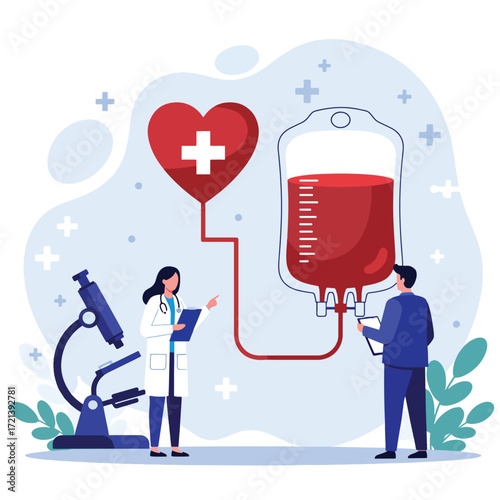 Medical professionals conduct blood donation and research with heart symbol.
