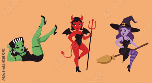Pinup Style Halloween Monster Girls Witch Devil and Frankenstein.
