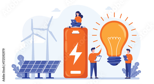 Renewable Energy Concept with Solar Panels Wind Turbine Battery and Lightbulb.