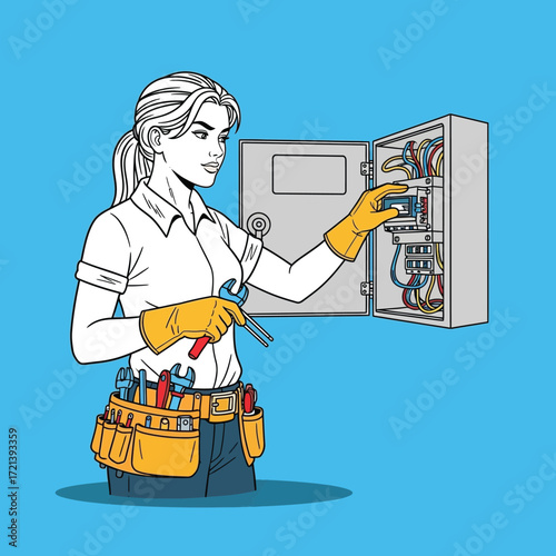 A female electrician wearing gloves and a tool belt working on an electrical panel.
