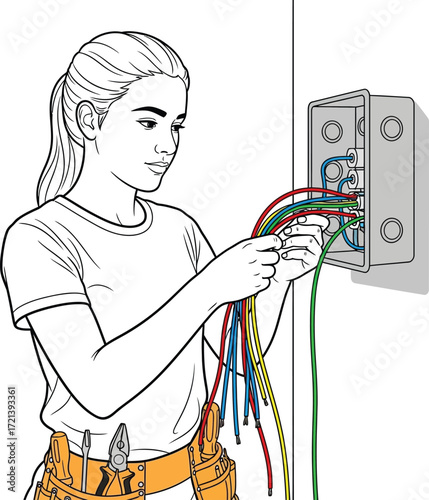 Illustration of a woman working on electrical wiring in a junction box.