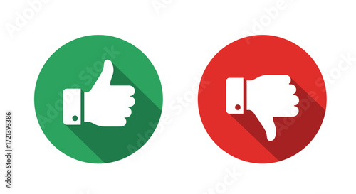 Two contrasting circular icons one green with a thumbsup and one red with a thumbsdown.