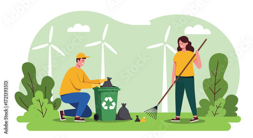 Two people cleaning up litter near a recycling bin with wind turbines in background.
