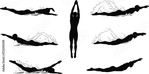 Silhouette of swimmer performing strokes, diving into water, splashing, aquatic training, freestyle, butterfly, competition, professional athlete, endurance, fitness, motion, pool