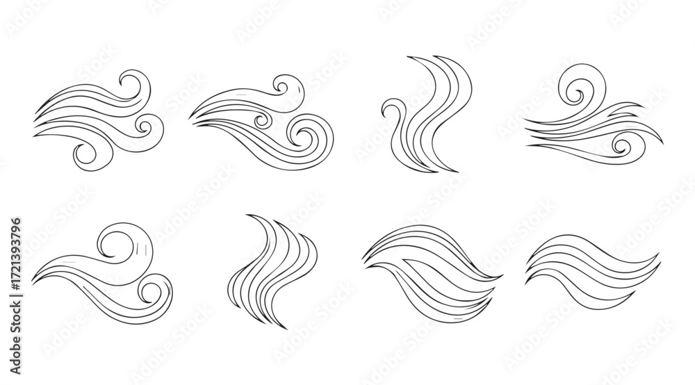 Fototapeta premium Eight abstract swirling line art decorative elements silhouette