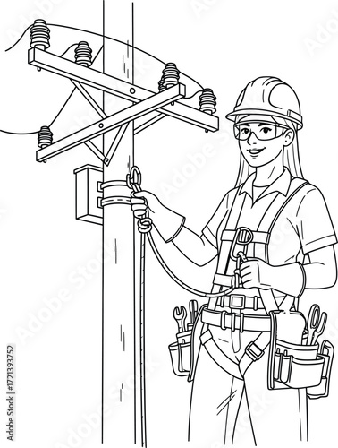 A female utility worker in safety gear is shown working on a utility pole with electrical wires.