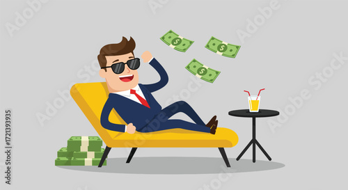 Wealthy Businessman Relaxing on Chaise Lounge with Money Falling.