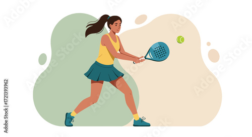 Woman playing padel tennis hitting ball with racket.