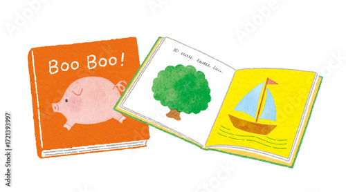 ブタと木とヨットの絵本イラスト｜Children’s Picture Book Illustration with Pig and Tree and Sailboat