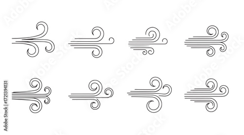 Collection of stylized wind flow icons in a simple silhouette style