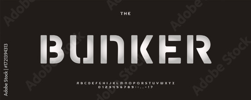 Bunker font, futuristic stencil typeface, bold industrial letters for Gaming title, military poster, tech logo, military army cover, UI label, sci-fi branding, trailer. Vector typeset
