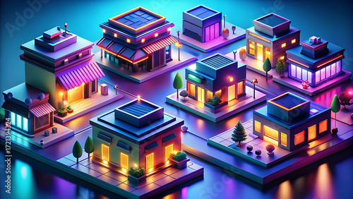 Isometric E Commerce City With Miniature Storefront Futuristic Design  