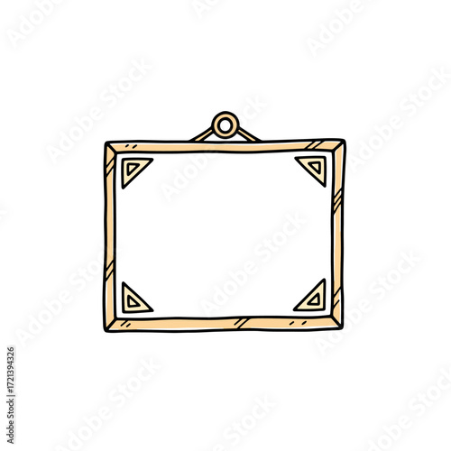 A simple rectangular wooden picture frame hanging on a wall. Its corners have decorative triangular patterns. A small loop at the top is used to suspend the frame.