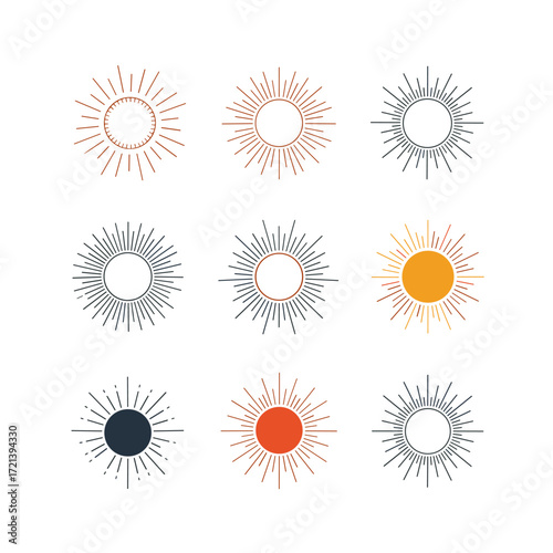 Decorative geometric sunburst and radiating line art sun circle emblem designs in various colors and styles for graphic design elements.