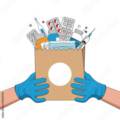Hands wearing gloves holding a bag full of medicine and medical supplies for delivery.