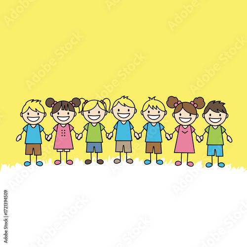 A group of diverse cartoon children stand hand in hand and smile brightly.