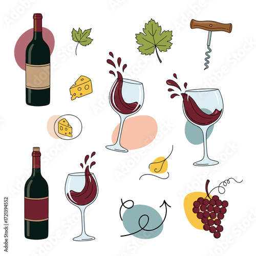 A collection of wine related illustrations with bottles glasses cheese and grapes.