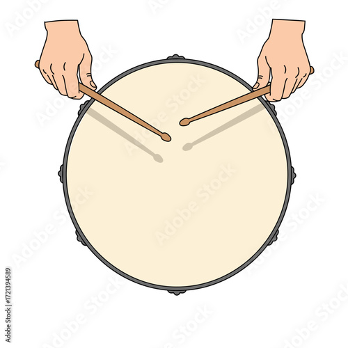 Two hands holding drumsticks preparing to play a large drum.