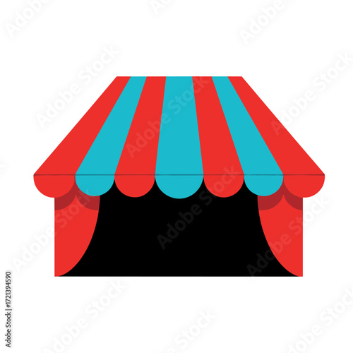 A colorful circus tent with red and blue stripes offers a vibrant canopy over a dark stage area.
