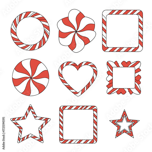 Collection of festive candy frames with swirling red and white stripes in various shapes like circles squares hearts and stars.
